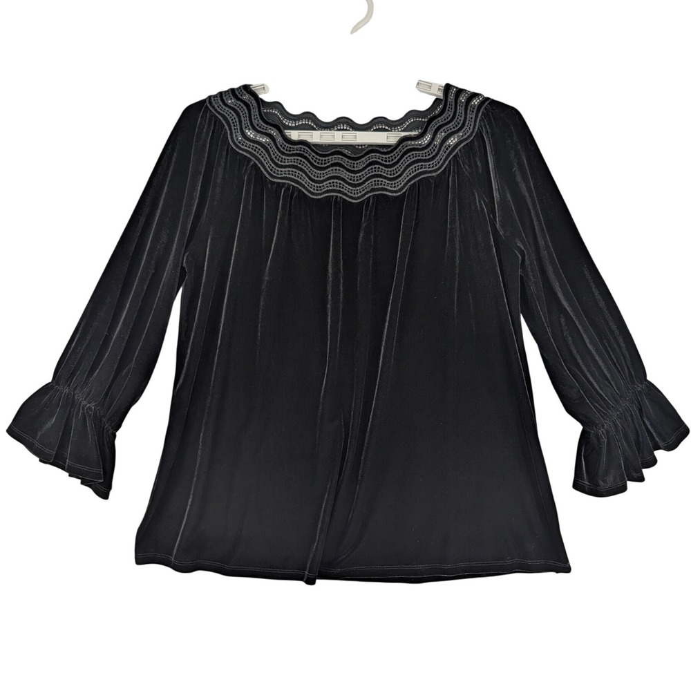 Rafaella Black Velvety Velour Lace Neckline Bell Sleeve Women's Swing Top Size L